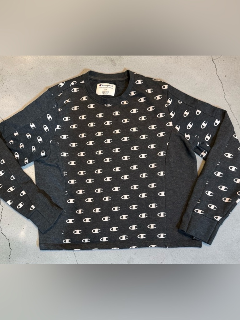 Champion Reverse Weave All-Over Logo Crewneck Sweatshirt Black/Gray Size Medium